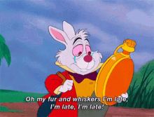 White Rabbit from Alice in Wonderland looking at clock and realizing he is late