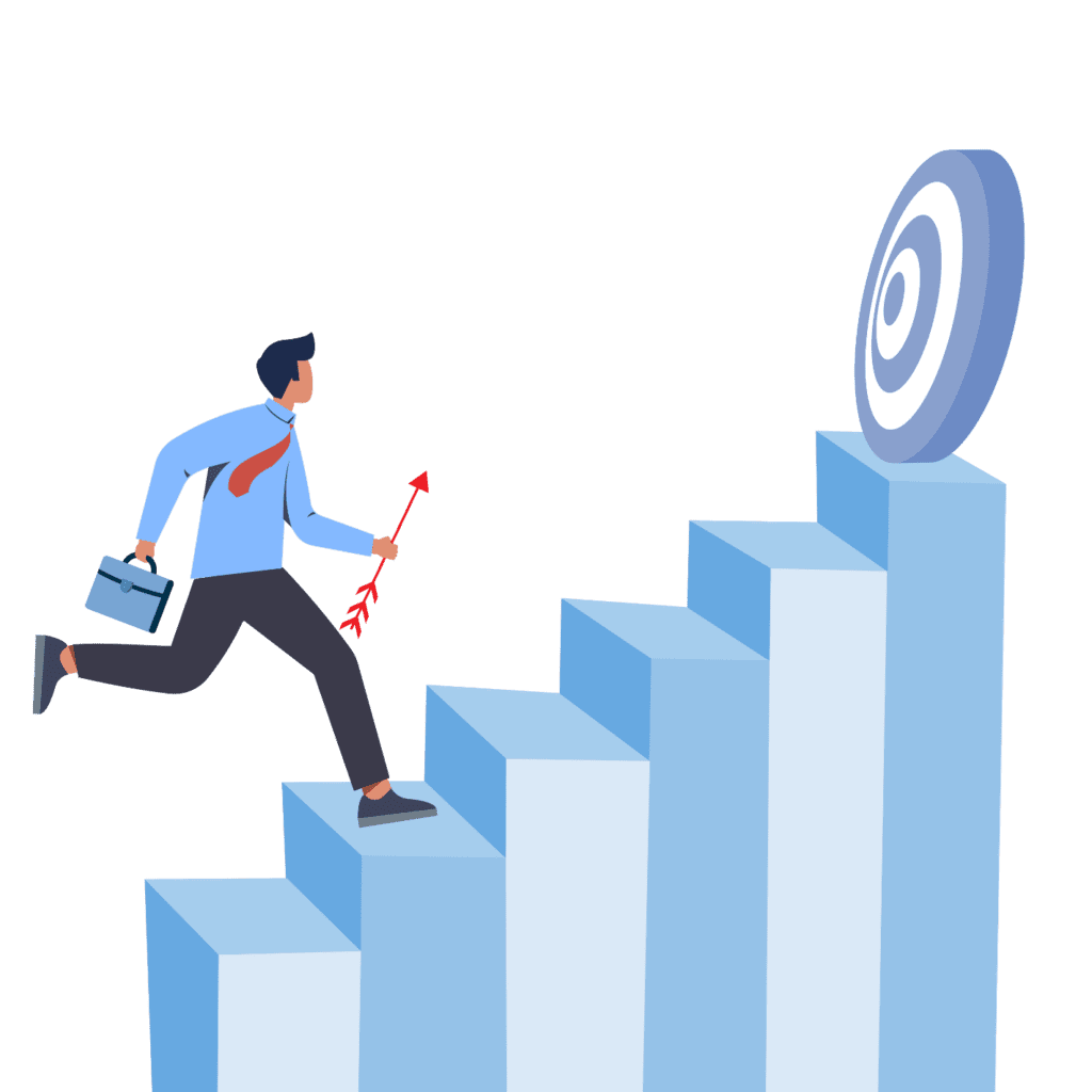Graphic of man climbing stairs to reach target goal