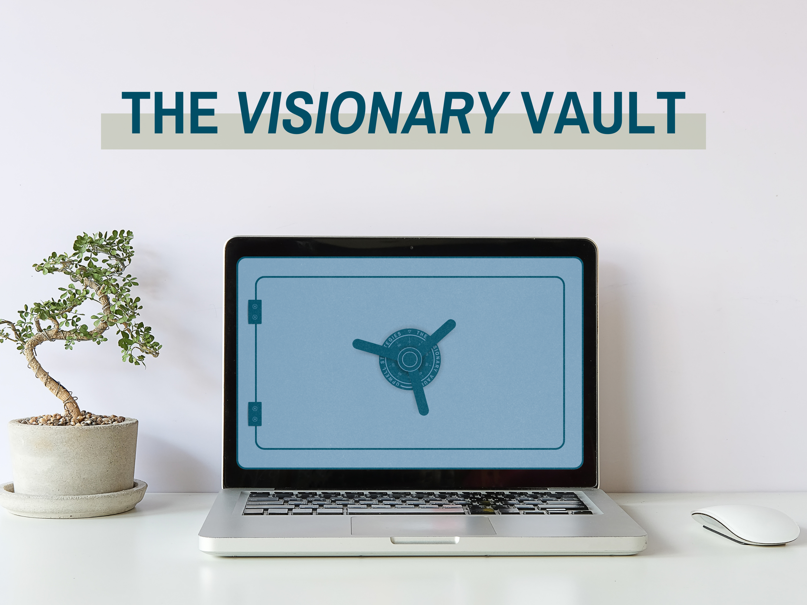 An open laptop on a desk with the Visionary Vault logo displayed on the laptop screen.